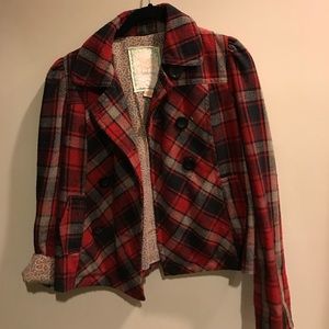 Red and grey plaid blazer jacket
